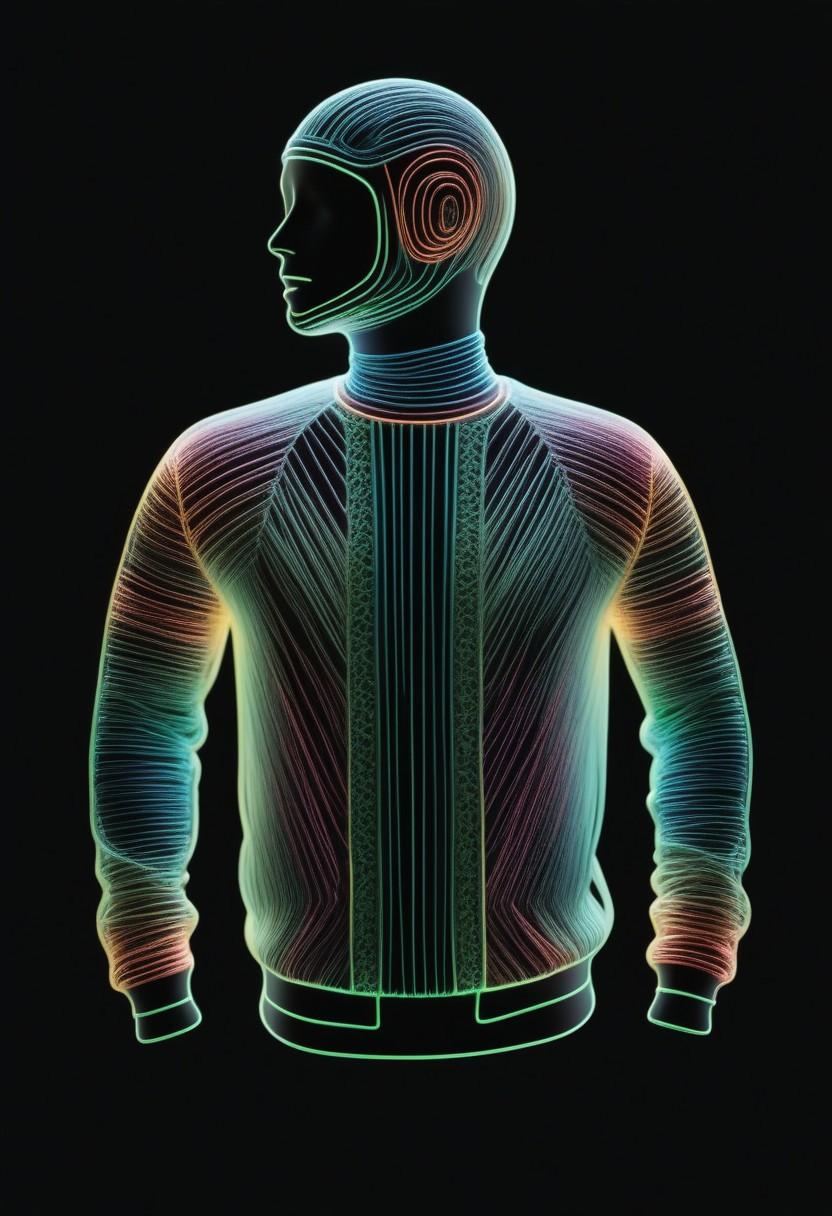 high quality, high resolution, extremely detailed, no humans, made of,tiny neon glass filaments,w0gf1l, unworn clothes, christmas sweater, black background