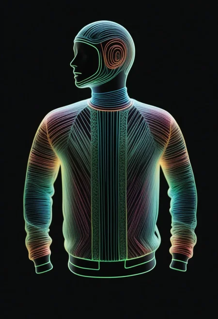 high quality, high resolution, extremely detailed, no humans, made of,tiny neon glass filaments,w0gf1l, unworn clothes, christmas sweater, black background