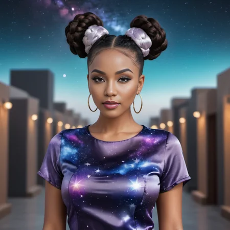 (full body shot) cute one african 40 year old women wearing a Space-inspired designs (galaxies, stars) satin_teeshirt, Space buns hair style, hyperdetailed photography,4k textures,intricate details,4k resolution outdoors scene, ((dark cinematic still)) <lora:satin_teeshirt_v1:0.7>