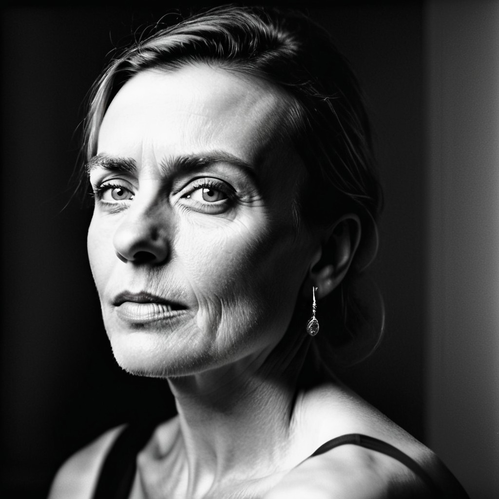 kiev80 A stunning, high-end black-and-white portrait of an elegant woman, captured with masterful chiaroscuro lighting. Her face is the absolute focal point, radiating depth, emotion, and a captivating presence. Every detail—her eyes, the subtle texture of her skin, and the gentle curve of her lips—is illuminated with a perfect interplay of light and shadow, creating a sculptural, timeless aesthetic. The background is minimalist and softly blurred, ensuring an undistracted focus on her expression and the contours of her features. The photograph embodies a cinematic, almost ethereal quality, reminiscent of the legendary works of Helmut Newton, Peter Lindbergh, and Richard Avedon. The composition is meticulously balanced, exuding sophistication, mystery, and a refined artistic vision, making it a true masterpiece of portrait photography.