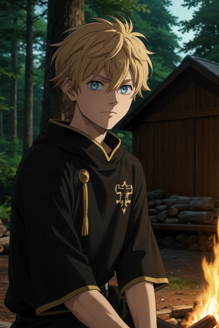 score_9, score_8_up, score_7_up, source_anime, rating_safe, , anime screencap, anime coloring, , looking at viewer, , 1boy, solo, male focus, <lora:luck_voltia_pony:0.74>, luck_voltia, blonde hair, blue eyes, short hair, hair between eyes, from side, cabin, forest, campfire, noon, arm support, heart eyes, ,, <lora:sdxl_lightning_8step_lora:1>