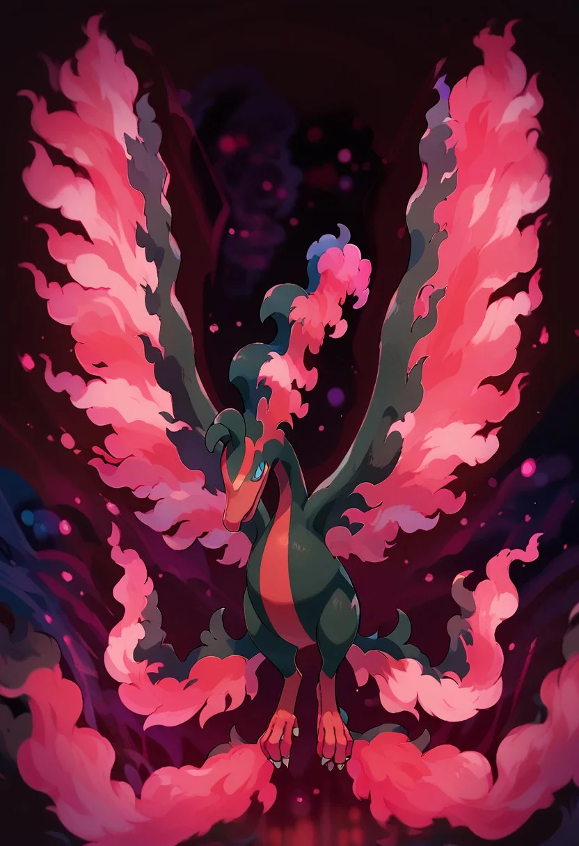 score_9, score_7_up,
solo, galarian_moltres, pokemon \(creature\),
full length portrait,
abstract background, night sky, blurry background, bokeh,
zzCitronCAT,