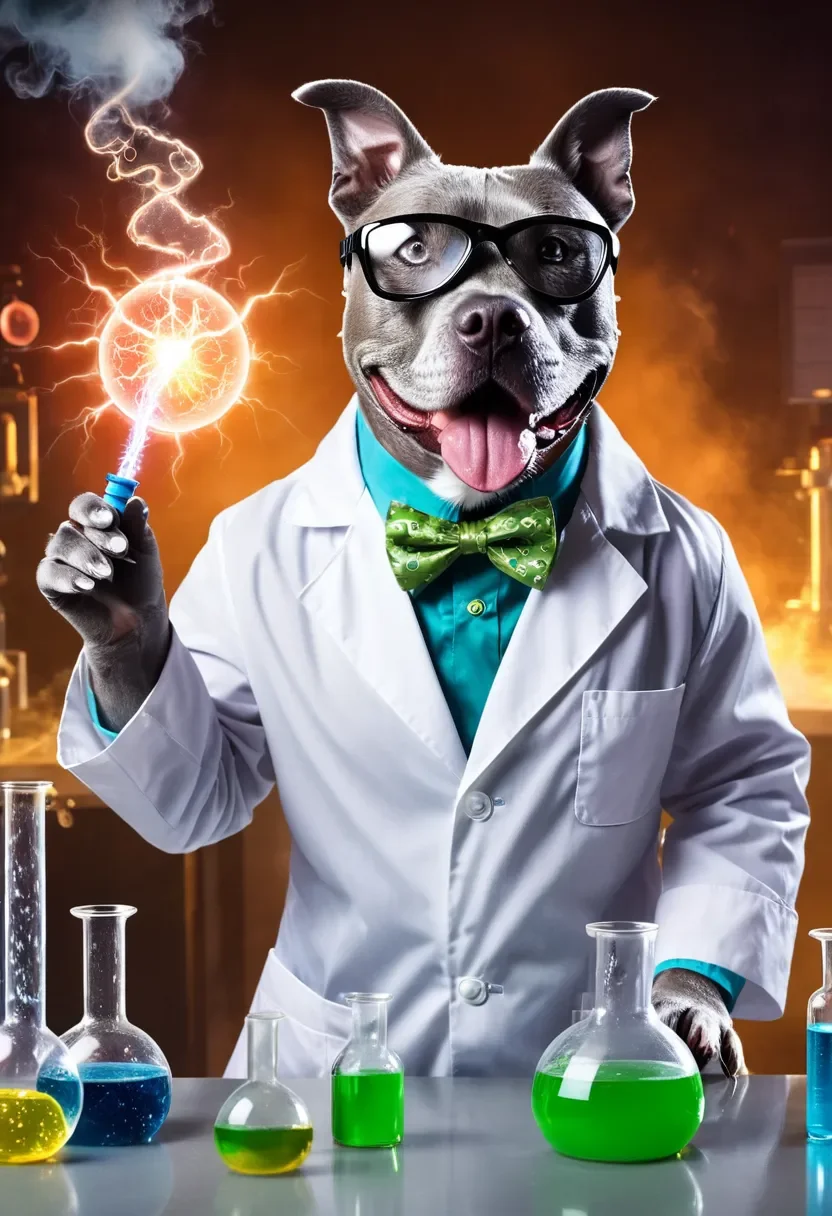 closeup portrait of happy Gray Pitbull mad scientist with (googly eyes:1.2) wearing a lab coat with bowtie and safety goggles, experimenting with electricity in scientific laboratory with bubbling slime and flasks in background, epic cinematic photo <lora:Gray Pitbull Dog:0.75>, Fantasy game concept art on solid color background, game item design, detailed and painterly style, focus on fantasy elements, attention to texture and additional elements like, suitable for video games or animation