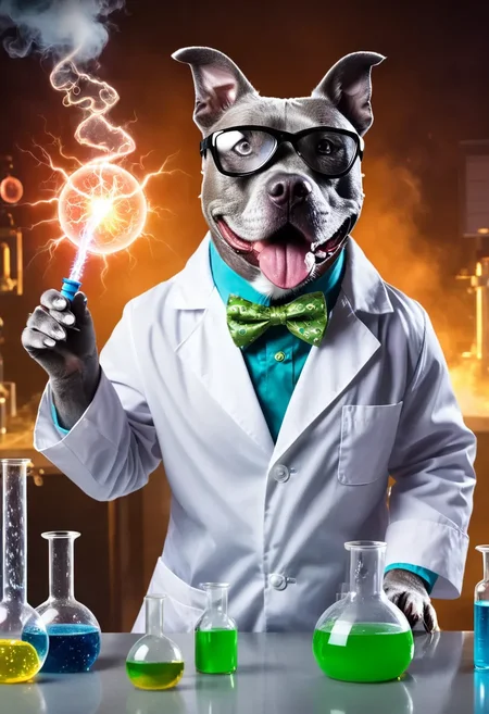 closeup portrait of happy Gray Pitbull mad scientist with (googly eyes:1.2) wearing a lab coat with bowtie and safety goggles, experimenting with electricity in scientific laboratory with bubbling slime and flasks in background, epic cinematic photo <lora:Gray Pitbull Dog:0.75>, Fantasy game concept art on solid color background, game item design, detailed and painterly style, focus on fantasy elements, attention to texture and additional elements like, suitable for video games or animation