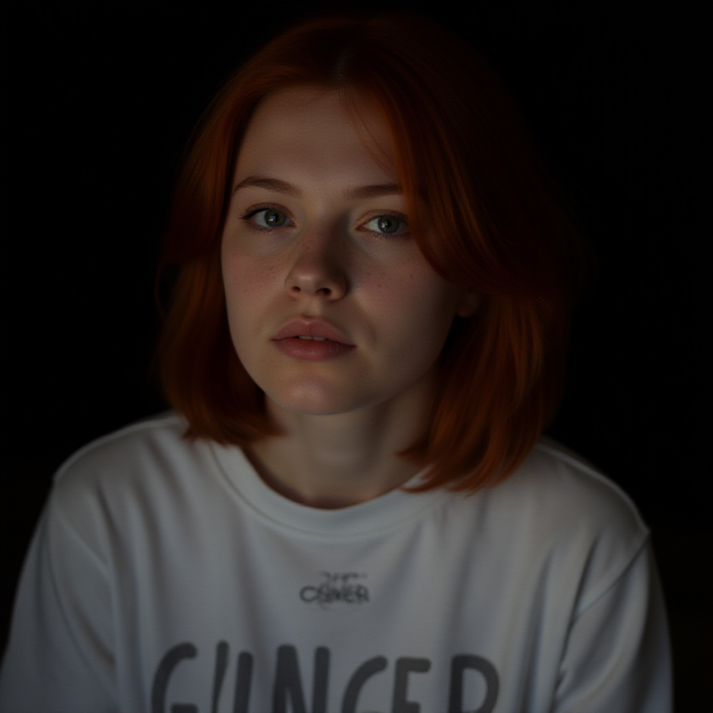 realistic beautiful instagram digital influencer girl 18 years old, redhead, freckles, closed mouth not showing teeth , low light,white shirt with "GINGER" written on it,goth,dramatic light