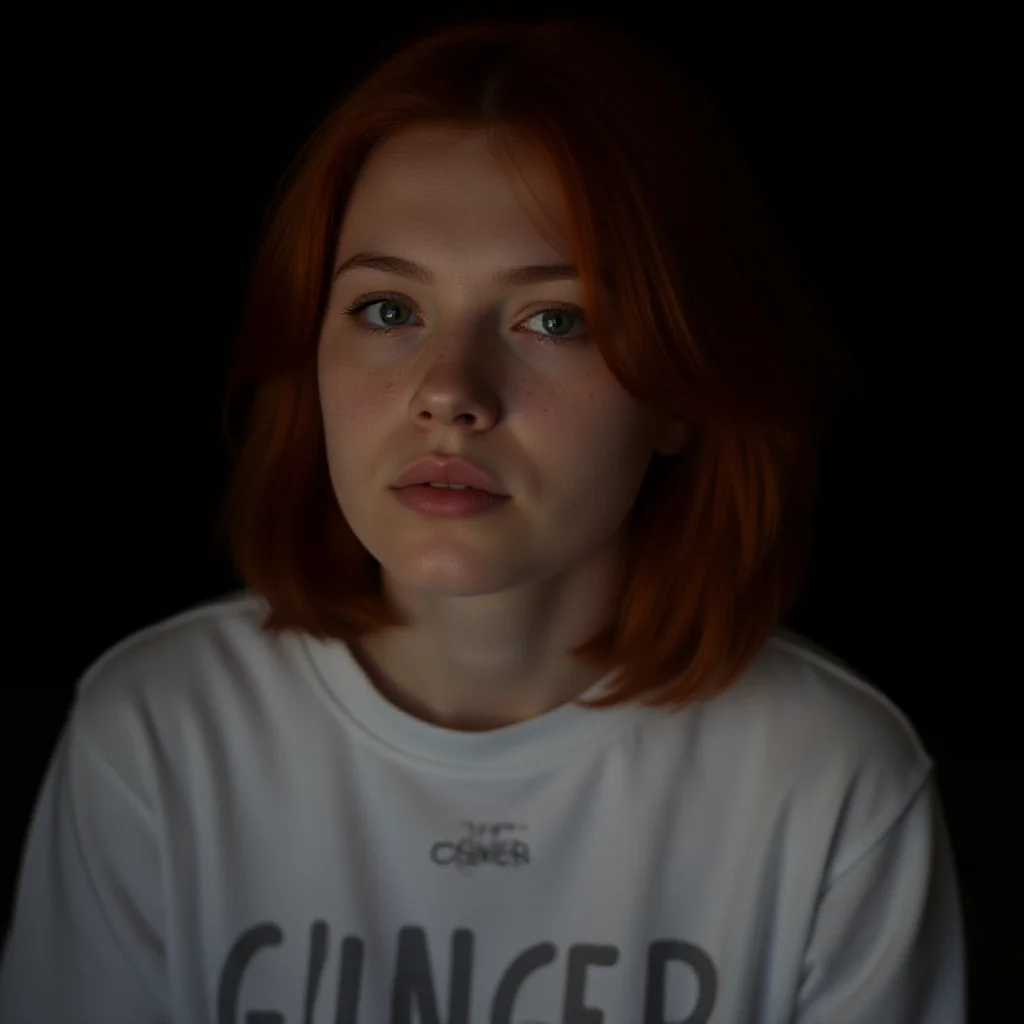 realistic beautiful instagram digital influencer girl 18 years old, redhead, freckles, closed mouth not showing teeth , low light,white shirt with "GINGER" written on it,goth,dramatic light