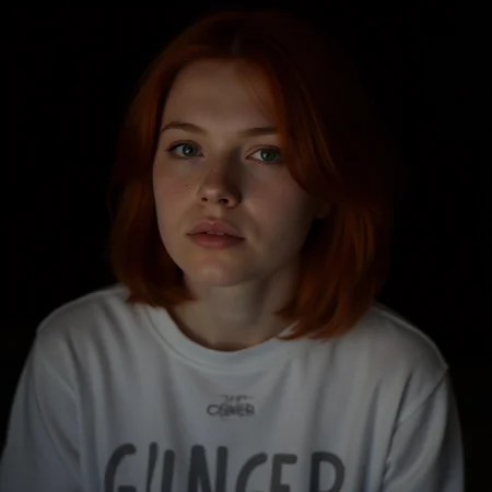 realistic beautiful instagram digital influencer girl 18 years old, redhead, freckles, closed mouth not showing teeth , low light,white shirt with "GINGER" written on it,goth,dramatic light