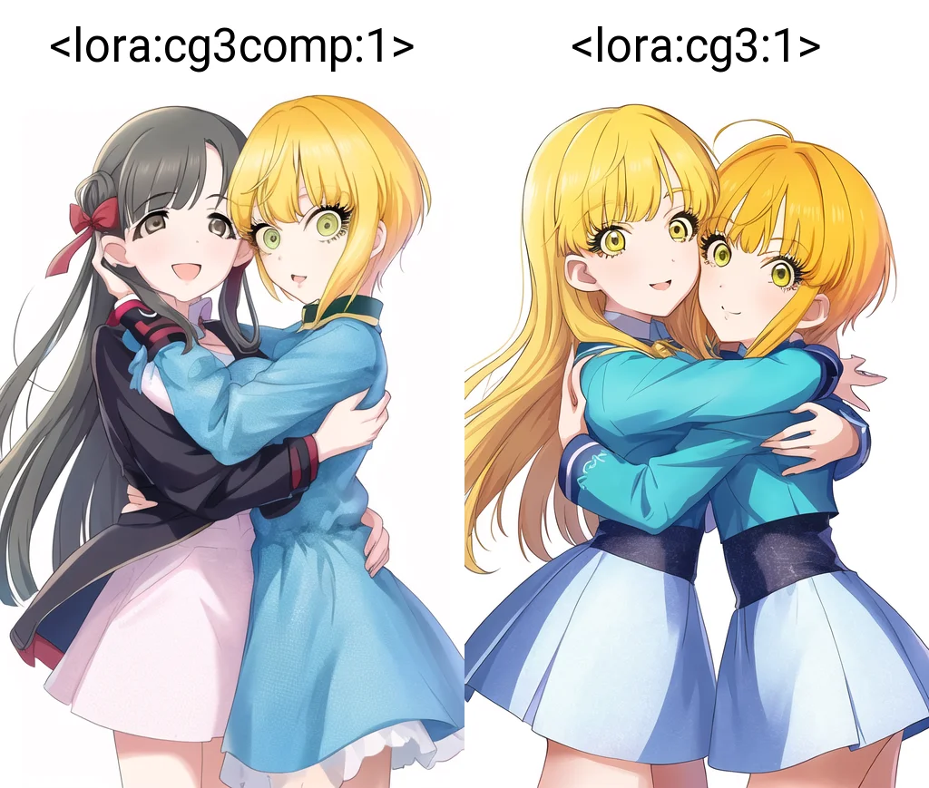 Kobayakawa Sae / Miyamoto Frederica, 2girls, multiple girls, hugging, white background, simple background
<lora:cg3comp:1>