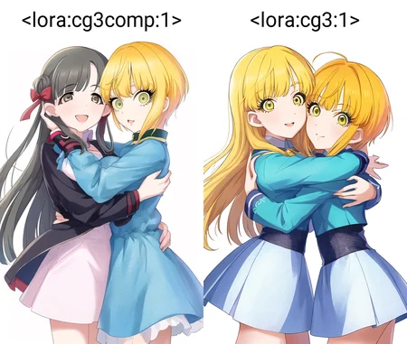 Kobayakawa Sae / Miyamoto Frederica, 2girls, multiple girls, hugging, white background, simple background
<lora:cg3comp:1>