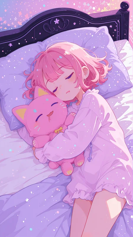 masterpiece, best quality, good quality, newest, highres, absurdres, vivid colors, flat color, 2D, strong lines, Pop Art, no lineart,no outline, 1girl, solo, 28 years old, CivChan, purple eyes, pink hair, pastel colors, lying on her bed, hugging a pink cat plushie, animal plushies on bed, closed eyes, drooling on her pillow, detailed background, bedroom, on bed, <lora:TQ_Iridescent_Fantasy_Creations:0.8> <lora:MJ52:0.5> <lora:xl_more_art-full_v1:1> <lora:114558v4df2fsdf5:1> <lora:illustrious_very_aesthetic_v1:0.5> <lora:XXX477:0.2> <lora:sowasowart_style:0.3> <lora:illustrious_flat_color_v2:0.6> <lora:haiz_ai_illu:0.7> <lora:checkpoint-e18_s306:0.75>