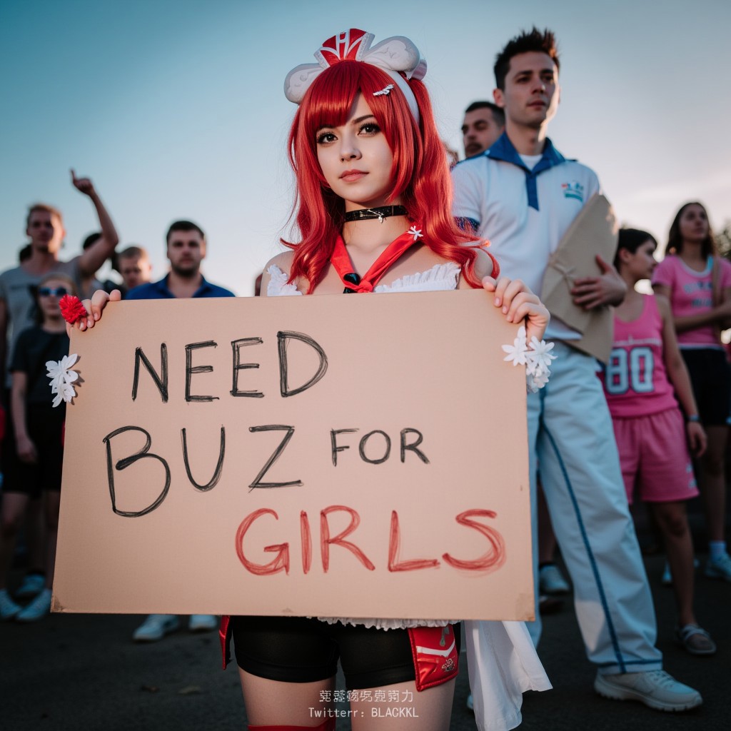 blacqkl, cosplayer, barbara, holding a sign "need buzz for girls"