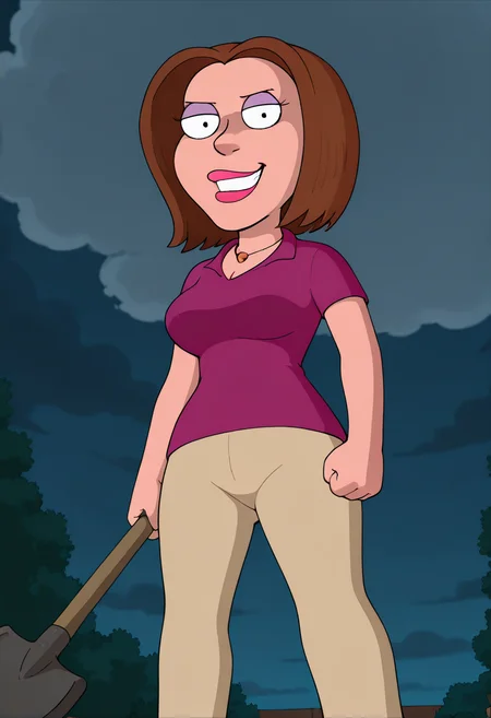 masterpiece, best quality, amazing quality, gr3tch3nm, 1girl, brown hair, necklace, purple polo shirt, beige pants, holding shovel, clenched hand, looking at viewer, evil smile, from below, night, cloudy sky,