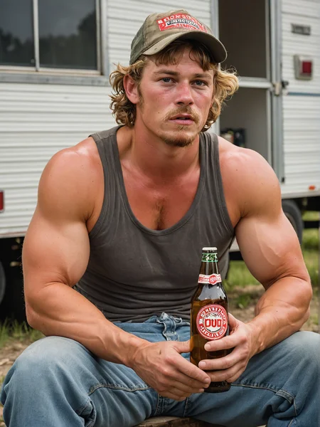 young redneck Casanova, tough fuckboy, relaxing a beer bottle in hand, trailer park, dumb