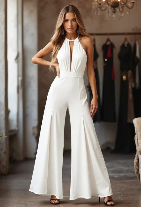 beautiful model, long straight hair, medium round breasts, clo018, wearing a white sleeveless halterneck jumpsuit with a deep V-neckline and draped details, cinched waist, and wide, flowing pants, perfect feet in black high heels, posing in a clothing shop,