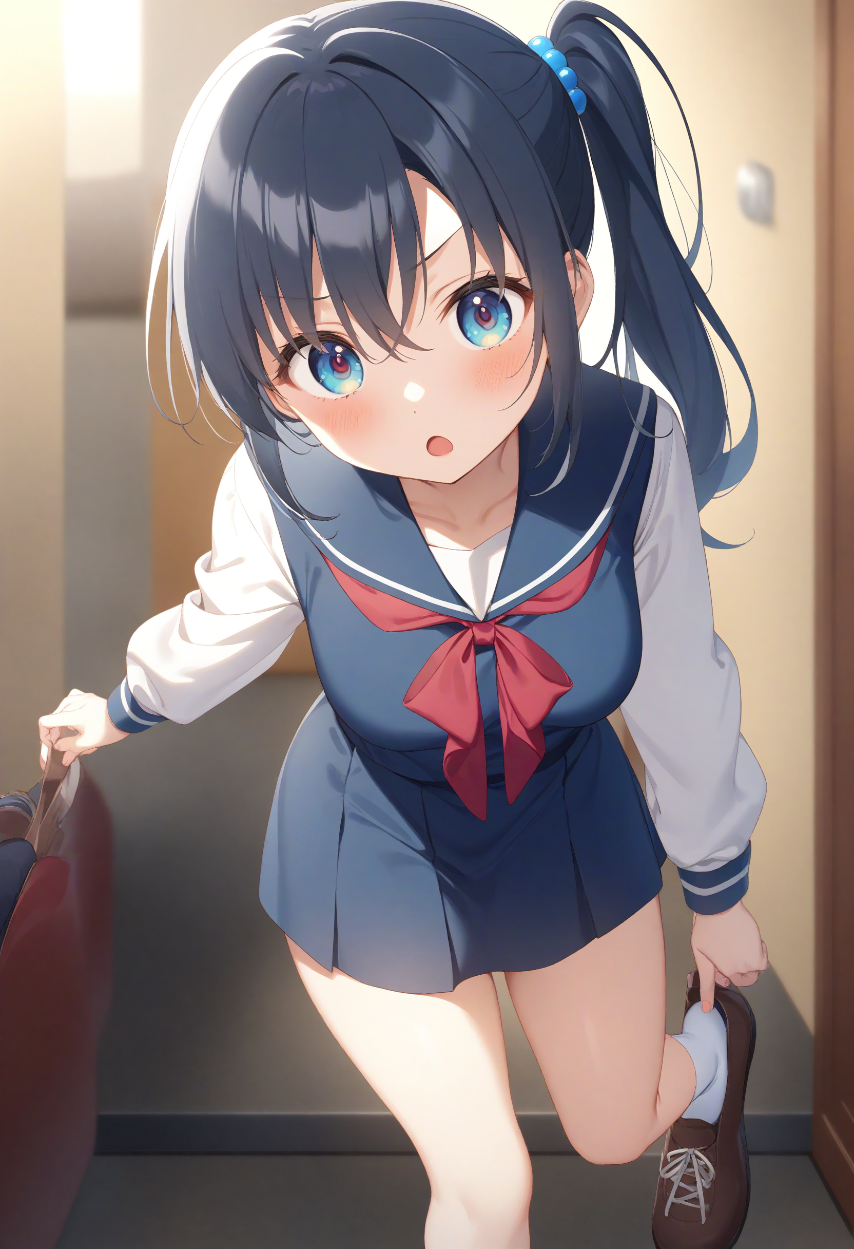 1girl,sincos, ningen mame, toosaka asagi,solo,medium breasts,school uniform,
adjusting footwear,adjusting clothes,putting on shoes,shoes,<lora:adjustingfootwear_XL_v1:0.8>
from behind, portrait, looking at viewer, blue hair, brown eyes,confused, Buenos Aires city, open mouth, side ponytail hair,,
best quality, very aesthetic, absurdres