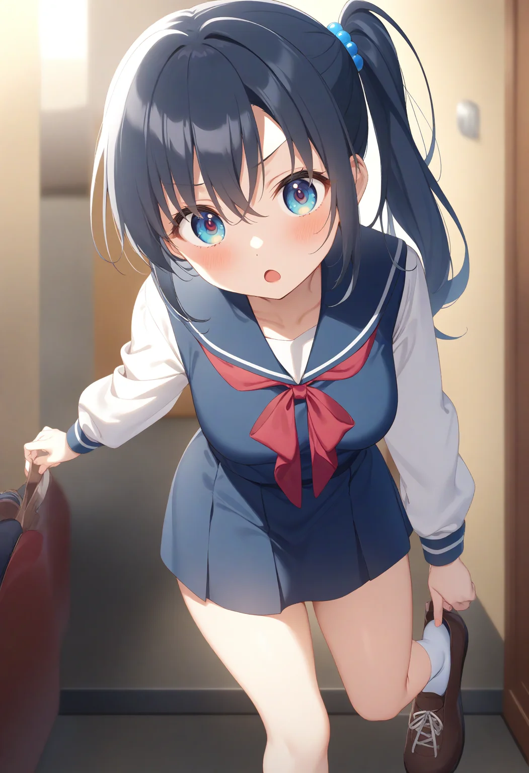 1girl,sincos, ningen mame, toosaka asagi,solo,medium breasts,school uniform,
adjusting footwear,adjusting clothes,putting on shoes,shoes,<lora:adjustingfootwear_XL_v1:0.8>
from behind, portrait, looking at viewer, blue hair, brown eyes,confused, Buenos Aires city, open mouth, side ponytail hair,,
best quality, very aesthetic, absurdres