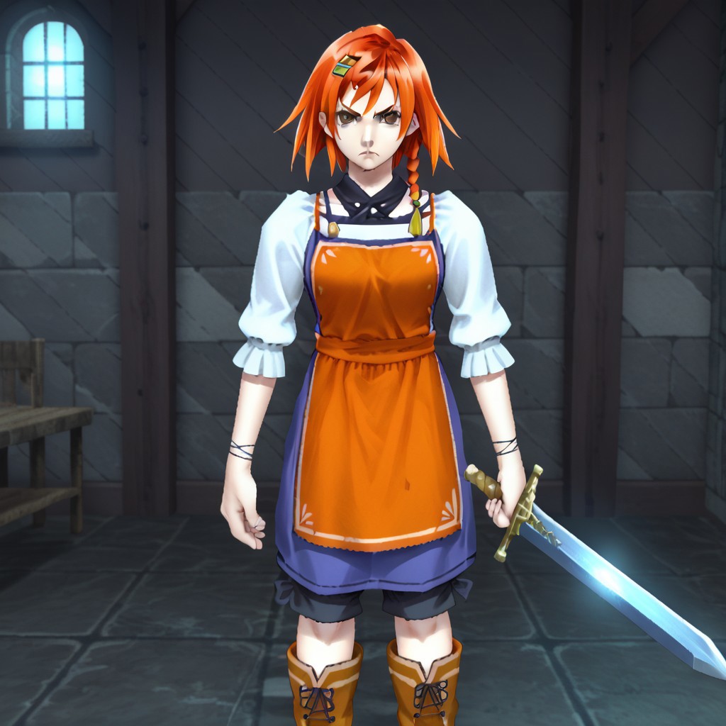 1girl,solo,brown eyes,orange hair,short hair,side braid,apron,shorts,shirt,boots,standing,facing viewer,looking at viewer,serious,moonlight greatsword ,holding blue sword, glowing weapon,