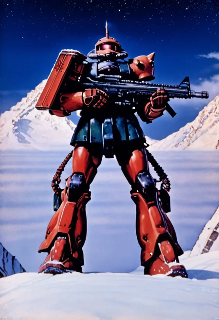 score_9, score_8_up, score_7_up, source_anime, cowboy shot, side view, BREAK, ( garma_zaku, pink monoeye, one eye, looking to the side, holding rifle in both hands, ) 1mech, mech focus, solo, BREAK, snow, ice, ice mountains, dark blue violet sky, night time, starry sky, Realistic, Relaxed, Moonlit, beautiful detailed supreme quality color intricate, dynamic dramatic beautiful full taking, contemporary fine detail, highly detail, dynamic background, positive emotional, background curving upwards,