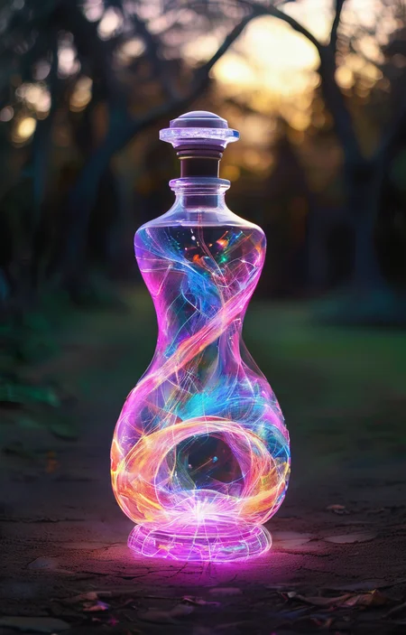 masterpiece,best quality,<lora:tbh247-sdxl:0.9>,illustration,style of Light painting A bottle of perfume in garden