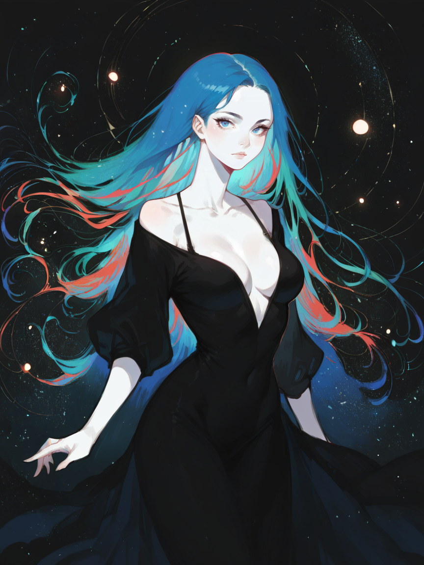 score_9, score_8_up, score_7_up, score_6_up, score_5_up,    <lora:watXLP:0.7> wat, 1girl, solo, black background, blue eyes, white skin, looking at viewer, abstract, curvy, starry sky, long hair, black dress, blue hair,