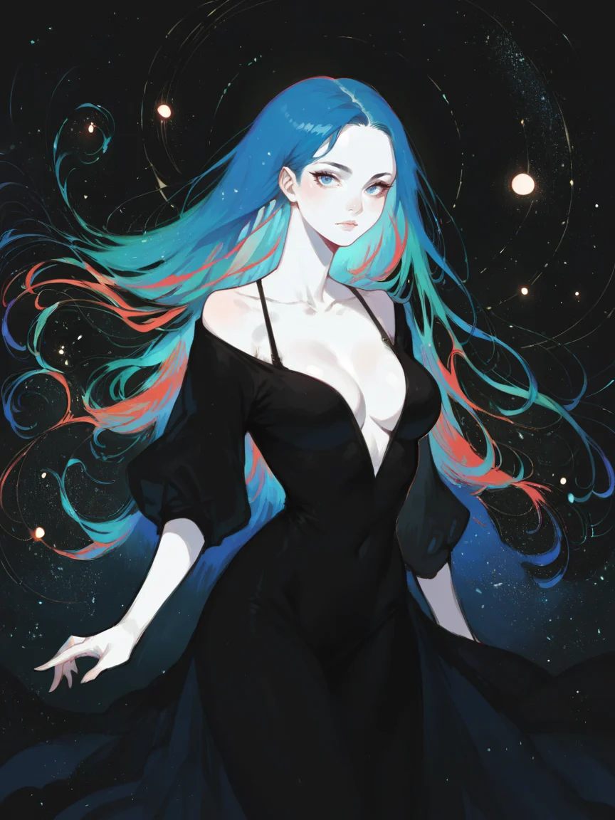 score_9, score_8_up, score_7_up, score_6_up, score_5_up, <lora:watXLP:0.7> wat, 1girl, solo, black background, blue eyes, white skin, looking at viewer, abstract, curvy, starry sky, long hair, black dress, blue hair,