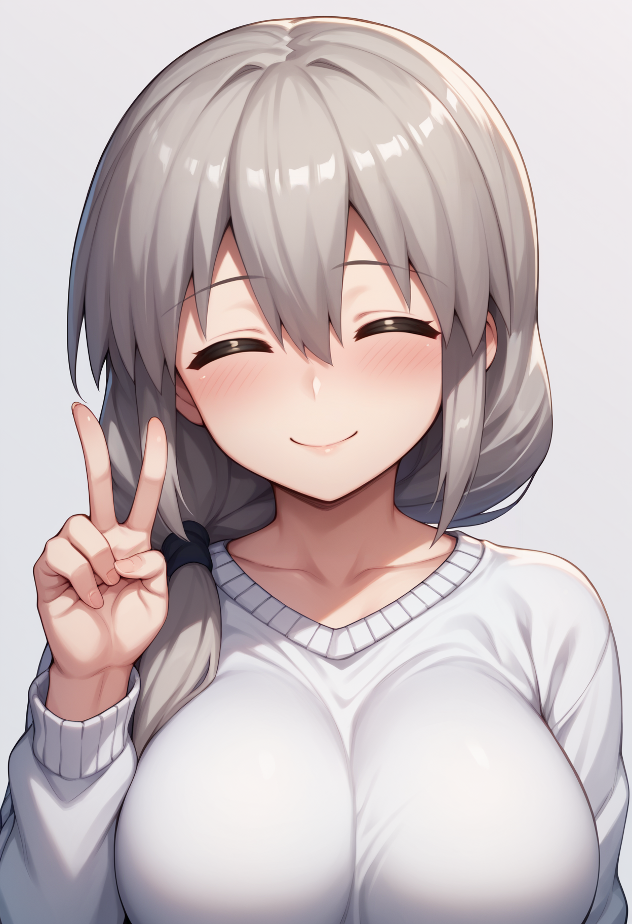 score_9, score_8_up, score_7_up, score_6_up, score_5_up, score_4_up, BREAK,
1girl, uzakitsuki, grey hair, hair over shoulder, hair between eyes, closed eyes, mature female, large breasts,
white sweater, v-neck,
smile, blush
solo, upper body, looking at viewer, simple background, white background    <lora:UzakiTsukiXL:1>