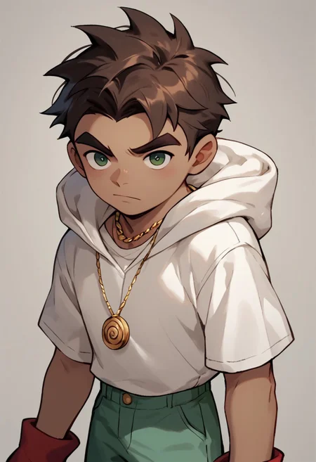 score_9, score_8_up, score_7_up, Raimundo, 1boy, dark brown hair, dark green eyes, tan skin, gold spiral circle necklace, white hoodie, green pants, red white shoes,