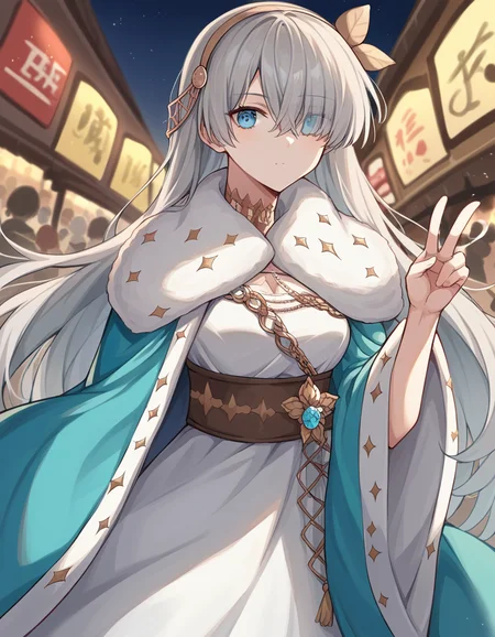 score_9, score_8_up, score_7_up, source_anime, <lora:fgo-anastasia-ponyxl-lora-nochekaiser:1>, anastasia, blue eyes, grey hair, hair between eyes, hair over one eye, long hair, bangs, medium breasts,, blue cloak, brown hairband, cloak, dress, fur trim, hairband, royal robe, sash, tachi-e, white dress, wide sleeves,, street market, vendor, street food, bustling crowd, local flavor, vibrant, , , hand making a peace sign, solo,, cowboy shot, dutch angle