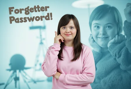 a abstract image where a clothed young lady with Down syndrome is forgetting a password.