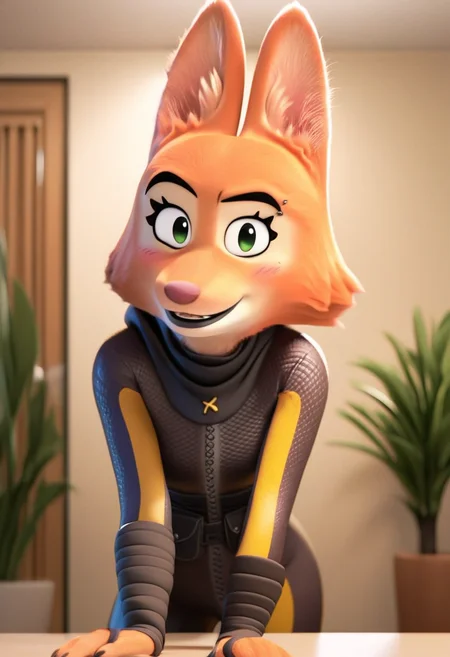 zPDXL, score_9,score_8_up,score_7_up,_up,source_cartoon, best quality, amazing quality, masterpiece, 1girl, looking at viewer, solo, fullbody, cute, blush, diane foxington, green eyes, orange fur, fox girl, jewelry, indoors, room, plant
