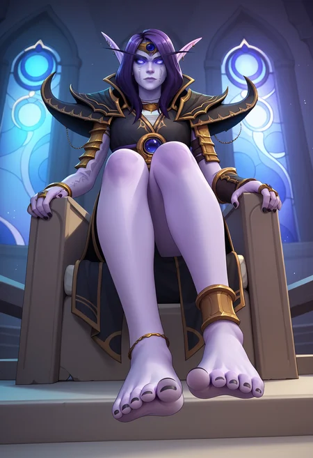 score_9, score_8_up, score_7_up, BREAK,
1girl, xalatah sitting on a throne, purple hair, long hair, purple eyes, purple skin, glowing eyes,
pointy ears, elf, earrings,
void sphere,
anklet, armor, bracelet, bracer, pauldrons, shoulder armor, vambraces,
barefoot, toe ring, toenails, toes, black nail polish,
indoors, looking at viewer,
presenting foot,
view from below, feet focus, indoors, night, dark palace, stained glass <lora:XalAtahXL_byKonan:1>