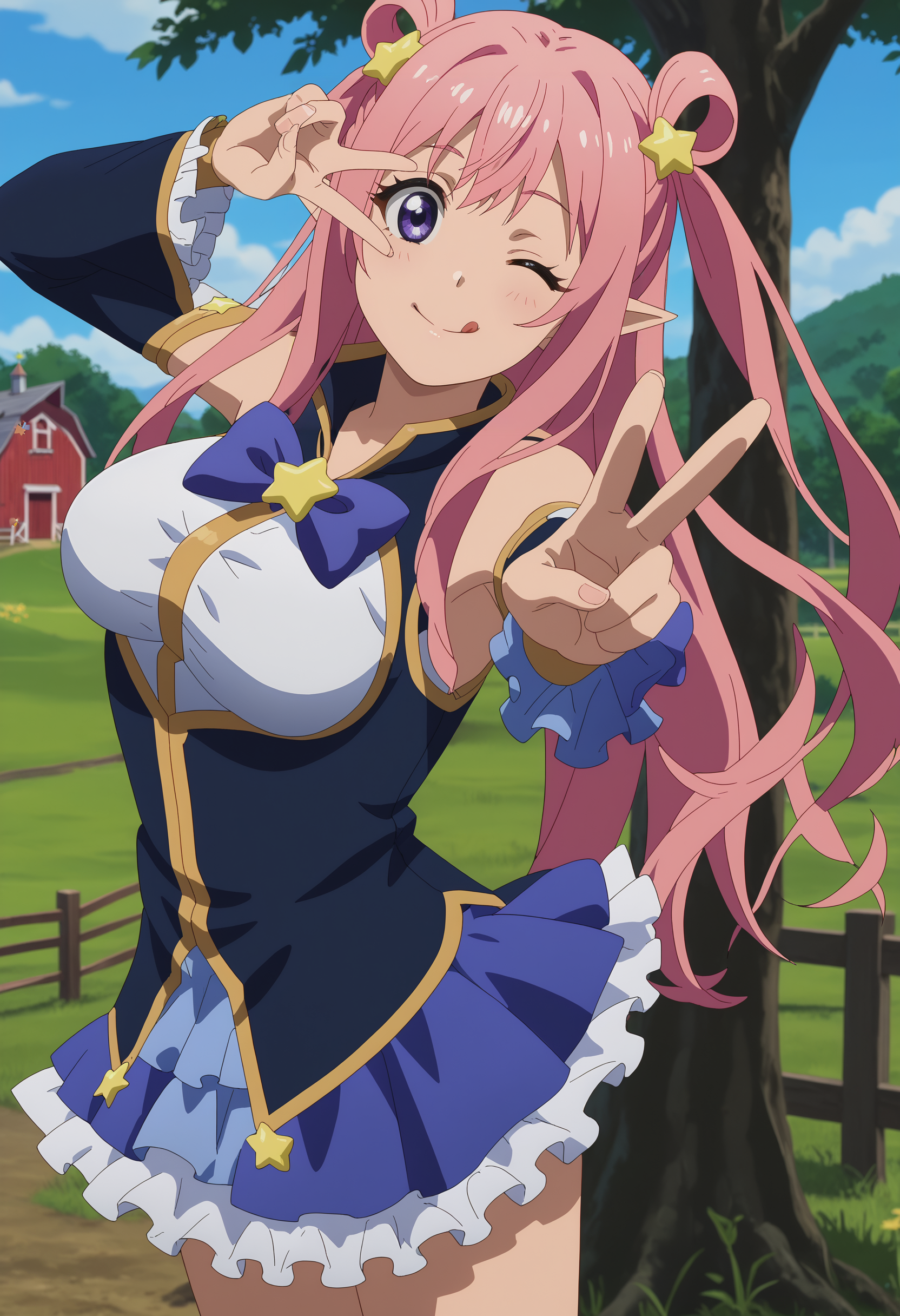 score_7_up, anime screencap,
<lora:PrincessConnect_HatsuneXL:0.9>,
1girl, solo, closed mouth, smile, tongue out, v over eye, one eye closed,
long hair, pink hair, purple eyes, hair rings, pointy ears, hair ornament, star (symbol),
Hatsune, multicolored dress, sleeveless dress, black dress, white dress, purple bow, detached sleeves, frilled skirt, blue skirt,
standing, looking at viewer,
blurry background, farm, tree