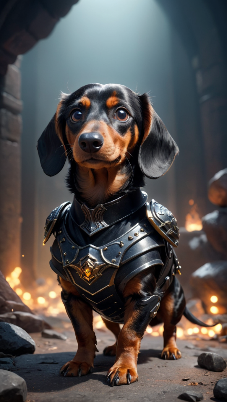 masterpiece, best quality, highly detailed, sharp focus, dynamic lighting, vivid colors, texture detail, particle effects, storytelling elements, narrative flair, 16k, UE5, HDR, subject-background isolation, 1minidachshunddog, shadow obsidian black scale armor, black metal, dark fantasy