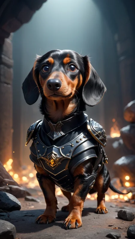 masterpiece, best quality, highly detailed, sharp focus, dynamic lighting, vivid colors, texture detail, particle effects, storytelling elements, narrative flair, 16k, UE5, HDR, subject-background isolation, 1minidachshunddog, shadow obsidian black scale armor, black metal, dark fantasy