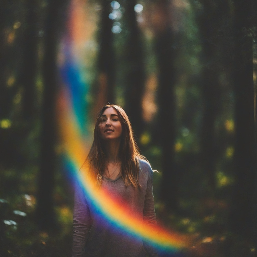 <lora:SDXL_rainbow_highlights_Sa_May:1>  rainbow highlights a woman in the forest