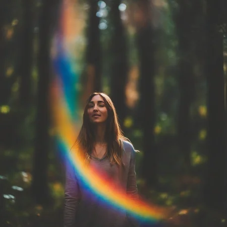 <lora:SDXL_rainbow_highlights_Sa_May:1> rainbow highlights a woman in the forest