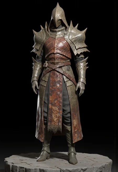 A warrior wearing distinctive armor crafted from Ammolite - the fossilized remains of ancient mollusks. The armor showcases the characteristic iridescent patterns and vibrant colors of Ammolite, with deep reds and earthy browns creating natural striped patterns across the chest piece and leg guards. The armor design appears layered and segmented, mimicking the natural formation of the fossilized shells, with each piece carefully shaped to protect while maintaining flexibility. Heavy pauldrons and a thick neck guard provide additional protection, while the overall silhouette remains robust and imposing. The armor is complemented by dark pants and sturdy boots at the base. The natural, organic patterns of the Ammolite create an armor set that looks both prehistoric and ethereal, with the metallic sheen of the fossilized material catching the light against the coastal backdrop.
Their face is obscured by shadows.
Standing on a flat gray ground and black background, the camera angle is high rotated at a 45 degree angle
Set against a solid dark black color background to emphasize its unnatural form that emphasizes its silhouette. The medium is not a traditional painting or illustrative medium like watercolor or ink but rather a digital 3D rendering.
MikeFranchinastyle, bbstyle,, horror theme,, ZBClay model of a gray sculpture, zbrush, d4arks0uls, overcast lighting, jedioutfit