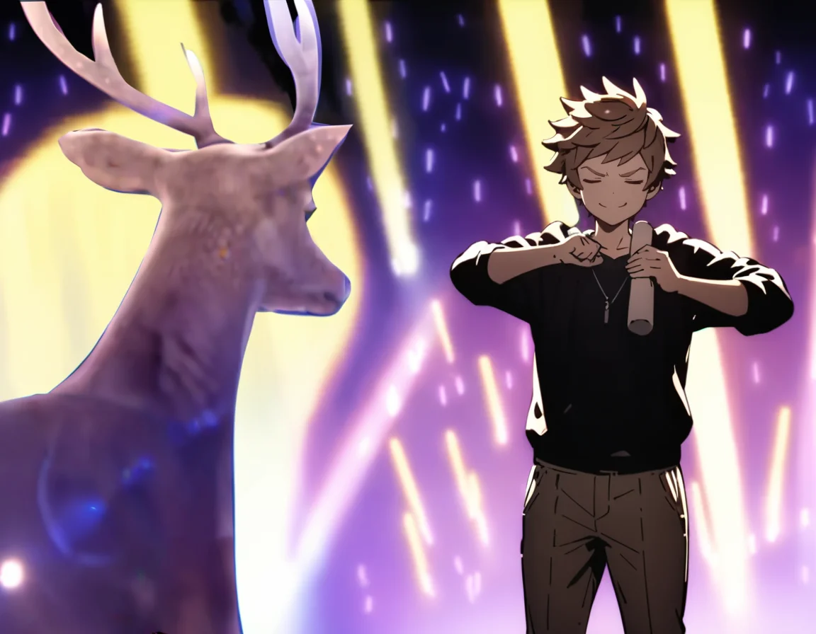 masterpiece, best quality, ultra detailed, highres,4k,(ultra-detailed:1.4) (illustration:0.5), (ray tracing,:0.8),(anime colored:0.7),(ai-generated:0.5),
1boy,solo,
gran \(granblue fantasy\), granblue fantasy,
<lora:shikanokonokonokokoshitantanXL1:1>,shikanokonokonokokoshitantan,
>:),closed eyes,
casual wear, deer, glowstick, skirt,holding stick,dancing,crowd,