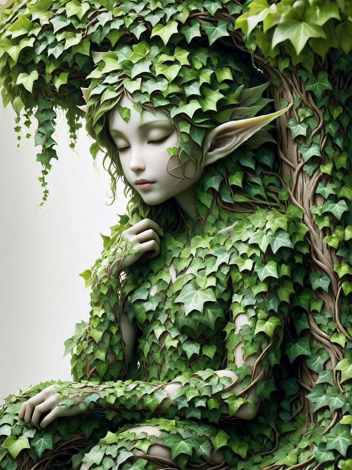 An ais-ivy fairy, nestled within a sculpted ivy blossom, rests under a sculpted weeping willow tree. <lora:ais-ivy-sdxl:1>