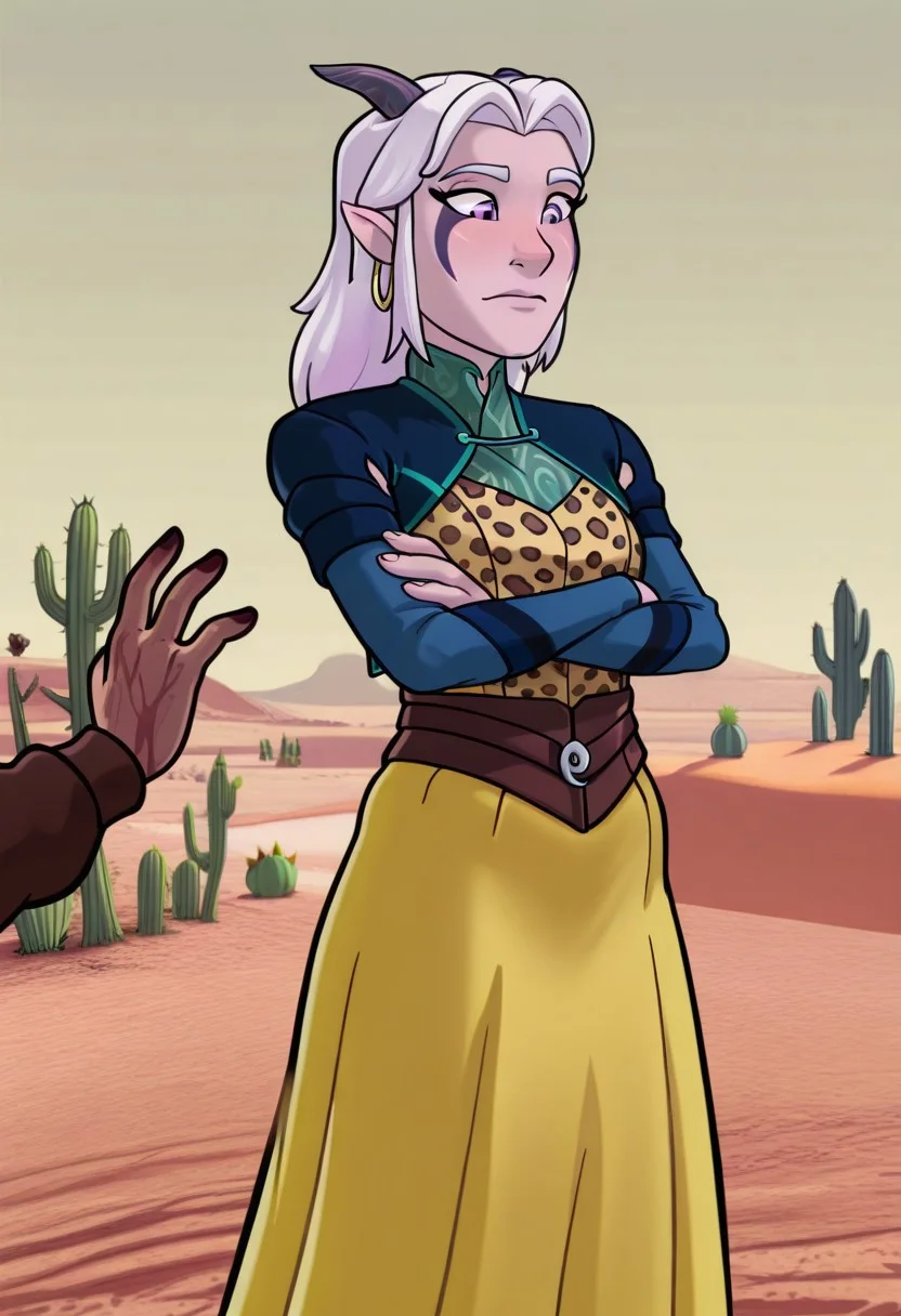 ((art by relatedguy,)), masterpiece, best quality, Rayla, Four Fingered Hand, 1girl, a woman in a leopard print top and a frilly yellow skirt, arms crossed, standing in a desert, hoop earrings, cactus