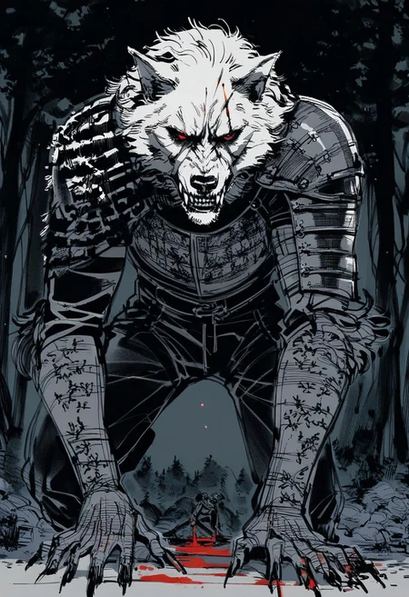 yoji_shinkawa,sketch, werewolf, dynamic pose, (perspective:1.2), close up cuts, scratches, wounds, red eyes, teeth, white fur, tail, dripping blood, full body, scary, leather armor, medieval armor, black theme, forest, rocks, plants, night, dark, blood, close up, portrait
<lora:Yoji_v2-000014:0.85>, score_8_up, score_7_up, score_6_up