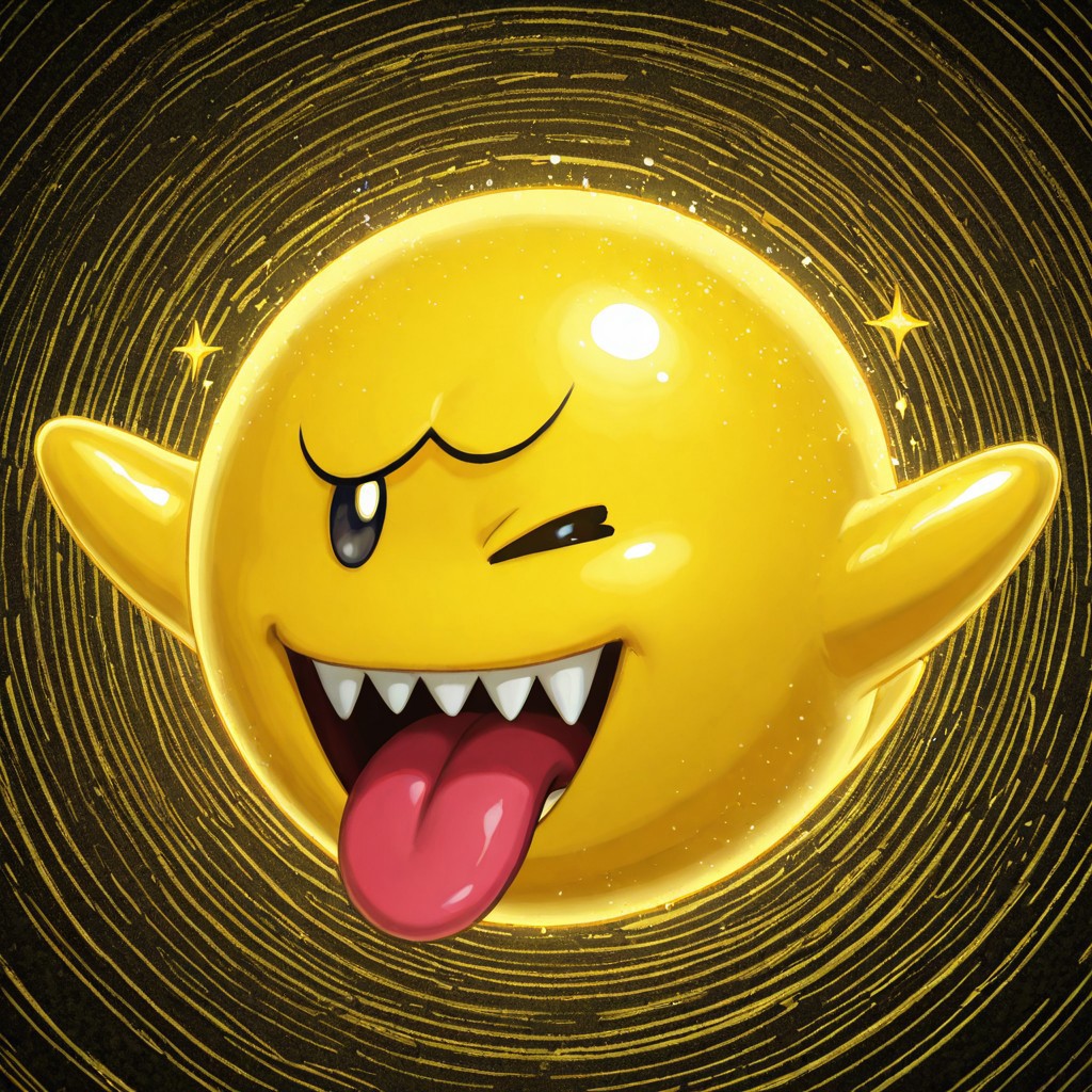 2d, solo, Boo, gold boo, feral, Ghost, Ball ghost, yellow body, shiny body, sparkles, legless, featureless hands, black eyes, no sclera, sharp teeth, open mouth, tongue out, 
BREAK one eye closed, winking, looking at viewer, abstract background, floating
BREAK best quality, amazing quality, very aesthetic, absurdres, newest, masterpiece, high quality
BREAK best quality, amazing quality, very aesthetic, absurdres, newest, masterpiece, high quality
