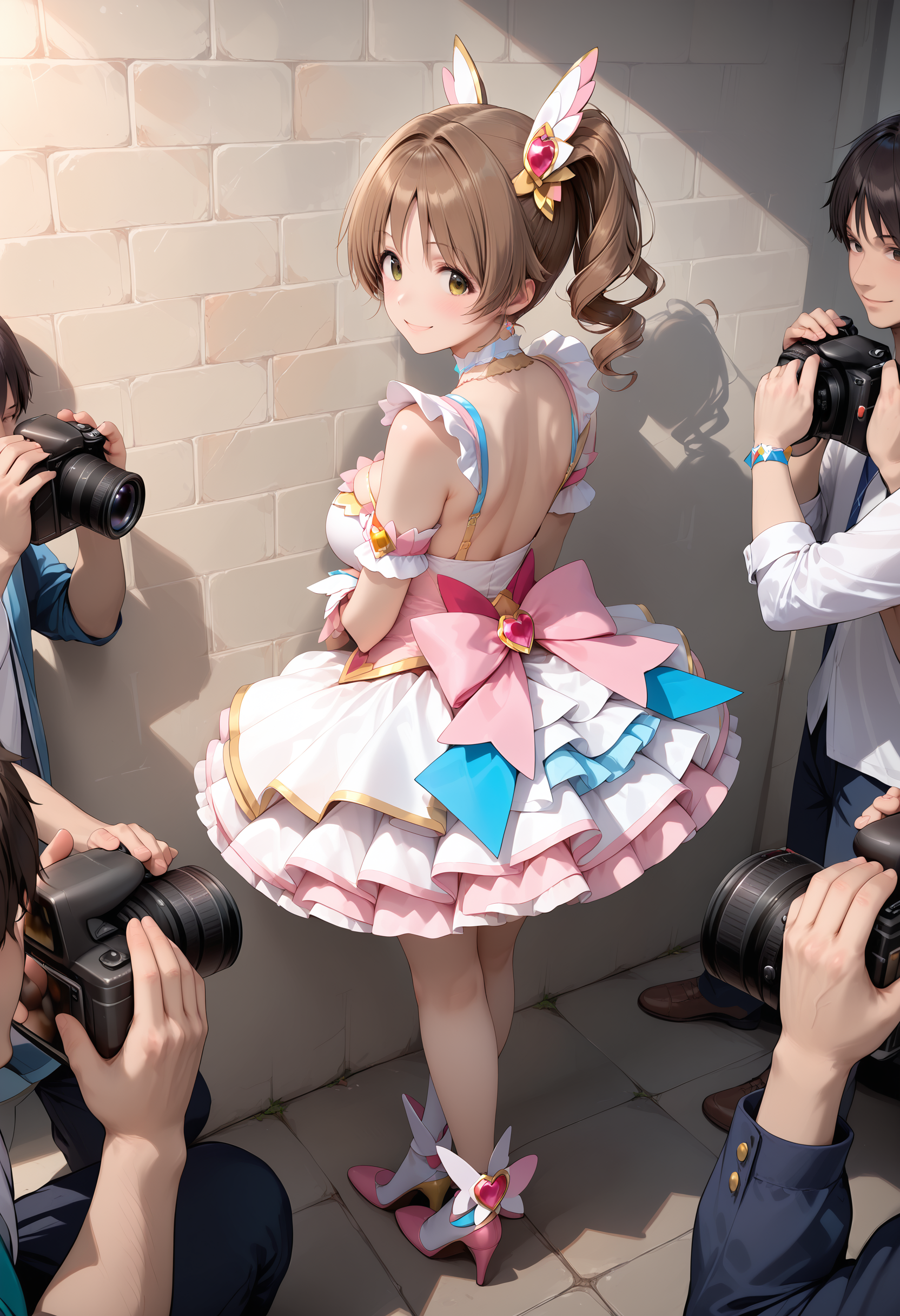 cosplay_photoshoot, multiple boys, camera, holding camera, wall, looking back, arms on the wall, view from back, 
1girl, magical girl, brown hair, totoki airi, idol master, short twin tail, miniskirt with frills, dress, choker, hair ornament,(large breasts:0.7), jewel, standing, legs crossed, smile, arms on waist,posing,
score_9,score_8_up,score_7_up,source_anime,masterpiece,best quality,amazing quality,ultra detailed, very aesthetic,absurdres,skinny,general,highres, ultra-detailed, <lora:cosplay_photoshoot_pony:0.8>