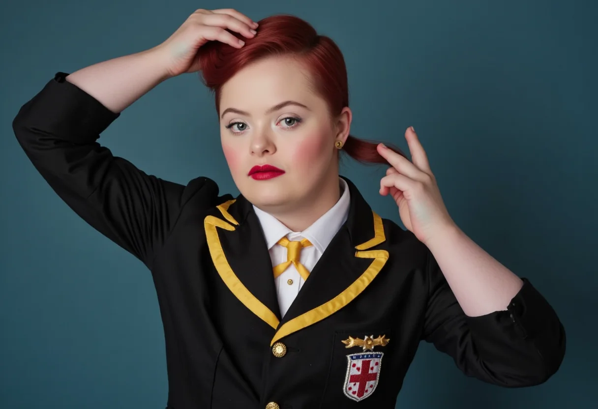 an HD pinup photo where a uniformed ghost of a super villain with Down syndrome is trying a new hairstyle. No watermark, no signature.