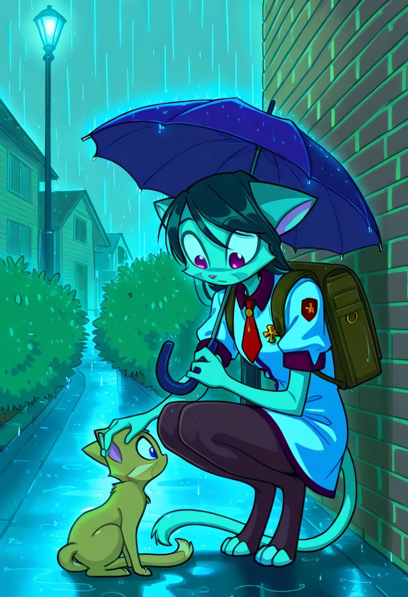 score_9, score_8_up, score_7_up,lilith_calah,
1girl,solo,furry,tail,dark green hair, source_furry,
 ,<lora:lilith_calah_illustrious:0.8>,
child, kid,
squatting, looking down, against wall,  holding umbrella, umbrella,umbrella over shoulder,cat,headpat, petting cat,
(rain:1.4),bush,house,detailed background,
brick wall, lamppost, street,  school uniform, dress, short sleeves, gold buttons, cross medal aiguillette, necktie, short necktie, pantyhose, backpack,