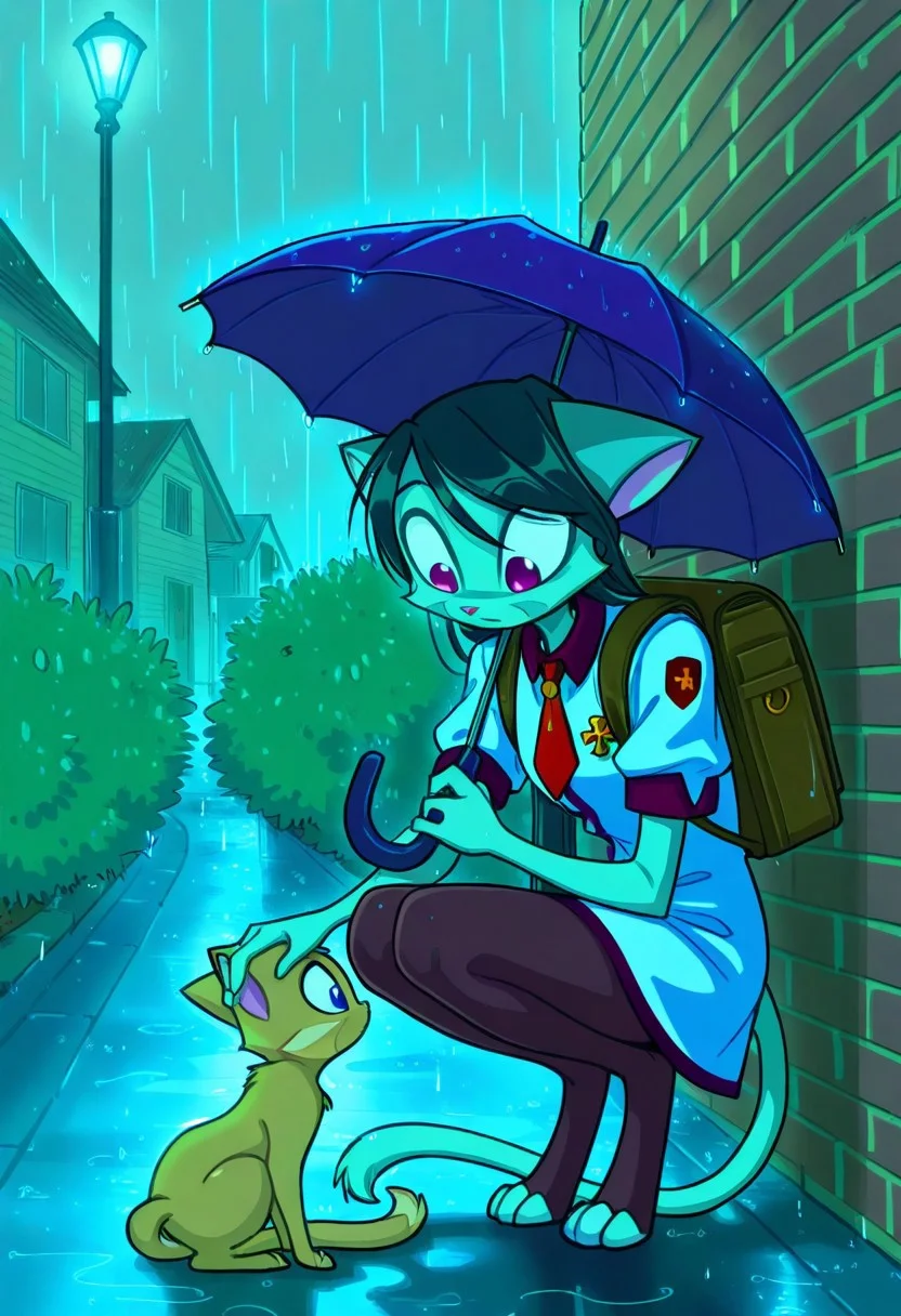 score_9, score_8_up, score_7_up,lilith_calah,
1girl,solo,furry,tail,dark green hair, source_furry,
,<lora:lilith_calah_illustrious:0.8>,
child, kid,
squatting, looking down, against wall, holding umbrella, umbrella,umbrella over shoulder,cat,headpat, petting cat,
(rain:1.4),bush,house,detailed background,
brick wall, lamppost, street, school uniform, dress, short sleeves, gold buttons, cross medal aiguillette, necktie, short necktie, pantyhose, backpack,