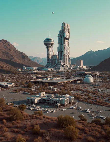 <lora:SWL_Stations1v2flux:1> lostst1, station, scientific complex, abandoned, metallic, cyberpunk, science fiction, mountains, planet, lights, desert,