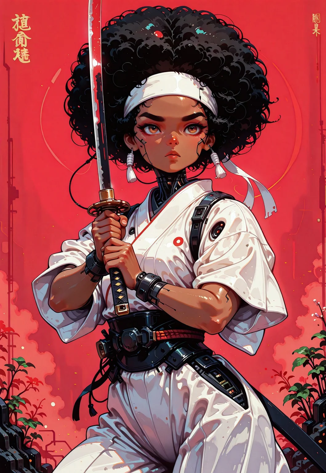 1girl, afro samurai, dark skinned female, black hair, afro, thick eyebrows, serious, white headband with red dot, color spot, japanese clothes, white kimono, short sleeves, dynamic pose, fighting stance, holding katana, upper body, cowboy shot, red background, painterly, no lineart, no outline, fine art, masterpiece, best quality, good quality, very awa, very aesthetic, absurdres, newest, in the style of cknc, retro_artstyle, retro, cyberpunk, haiz_ai