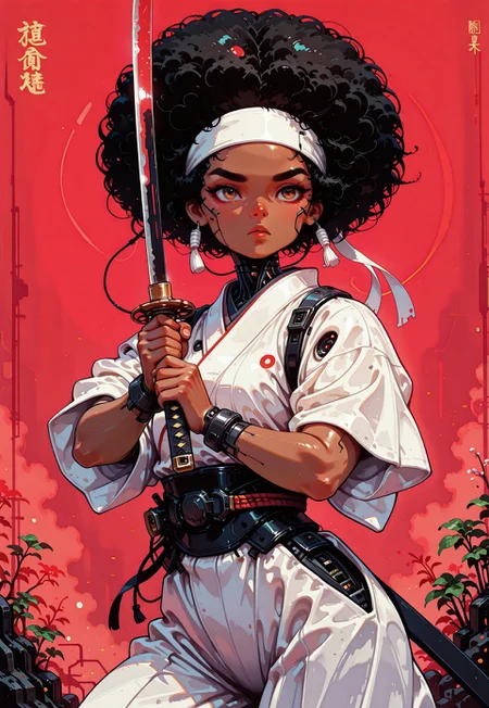 1girl, afro samurai, dark skinned female, black hair, afro, thick eyebrows, serious, white headband with red dot, color spot, japanese clothes, white kimono, short sleeves, dynamic pose, fighting stance, holding katana, upper body, cowboy shot, red background, painterly, no lineart, no outline, fine art, masterpiece, best quality, good quality, very awa, very aesthetic, absurdres, newest, in the style of cknc, retro_artstyle, retro, cyberpunk, haiz_ai
