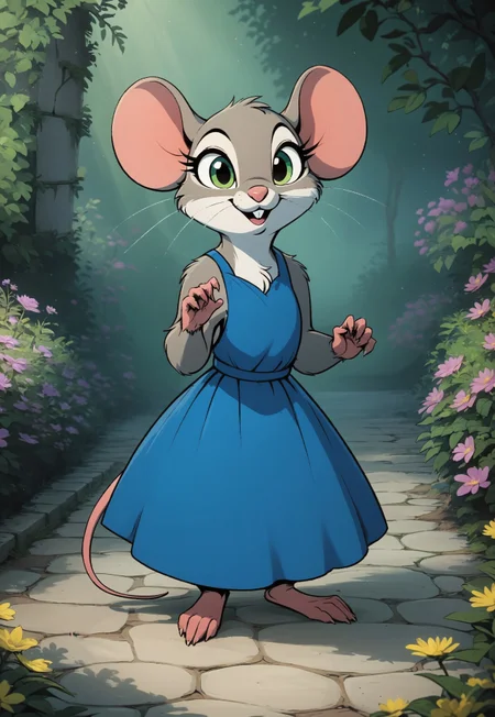 score_9, score_8_up, score_7_up, score_6_up, score_5_up, score_4_up, (solo), (fluffy:0.8), (feral:1.3), furry, (((mouse))), female, (fluffy cheeks:0.7), (simple short blue dress), cute, (solo), j_cartoon, in the style of beatrix potter, garden, cobblestone path, look at viewer, (smile:0.5), (surprised expression:0.5), action pose, green eyes, light grey fur, look at viewer